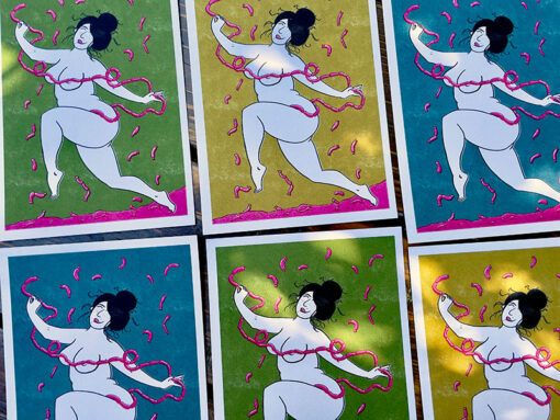 Postcards with naked woman frolicking in a field of wieners, holding a string of sausages
